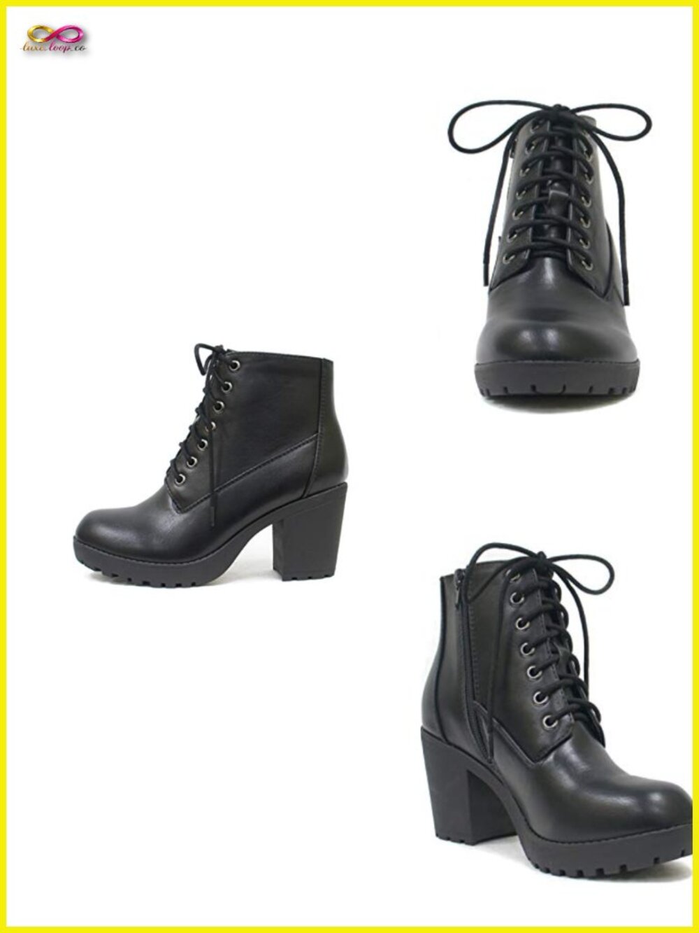 Lug Sole Chunky Heel Combat Ankle Bootie Lace Up Side Zipper